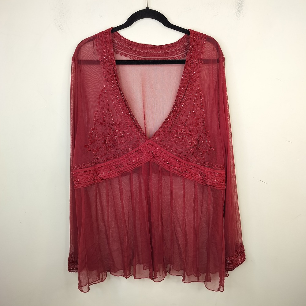 Red Sheer Mesh Blouse 2X / 3X  Beaded Embroidered Gothic Dark Romantic Vamp